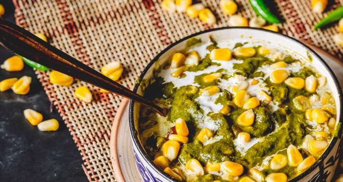 Corn Palak with fresh cream on top