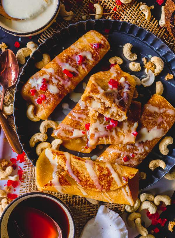 Gurer Patishapta with Coconut Filling overhead shot 